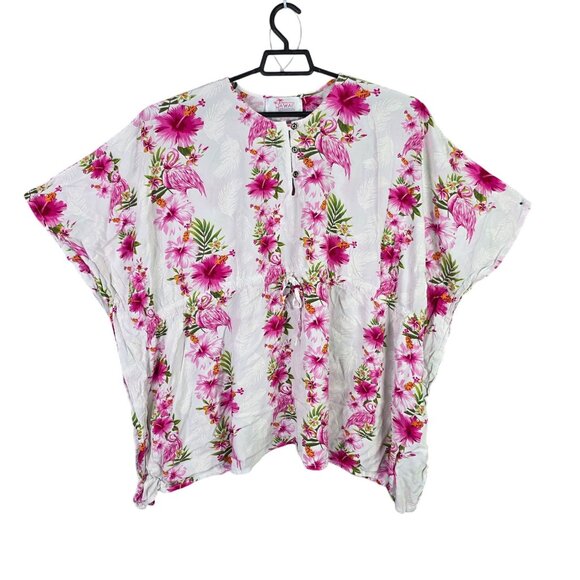 Womens Hawaiian Hangover White & Pink Floral Kimono Style Top Rayon One Size - Picture 1 of 7
